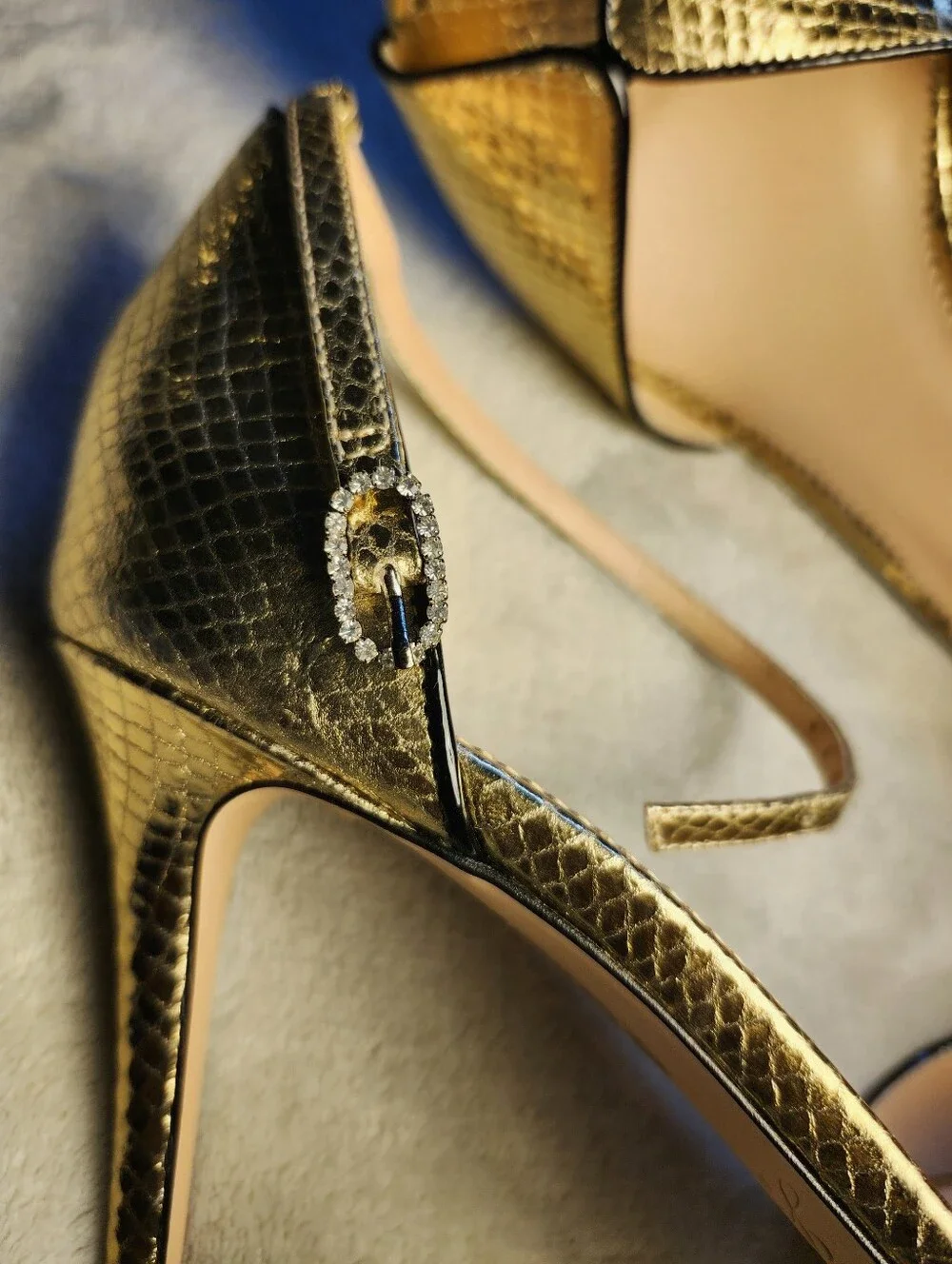 Rylie Peep Toe Heel In Snakeskin Gold